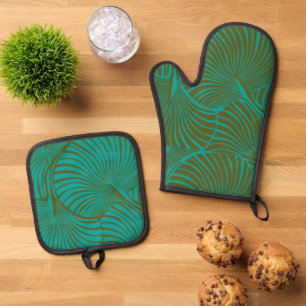 Zebra Fan Palm Hawaiian Tropical Jade Green Ovenwant & Pannenlap Set