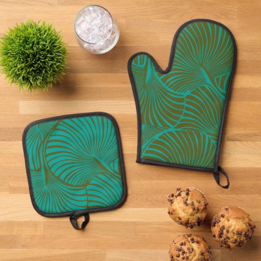 Zebra Fan Palm Hawaiian Tropical Jade Green Ovenwant & Pannenlap Set (Top down)