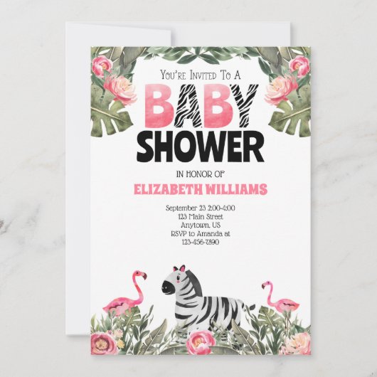 Zebra Flamingos Pink Black Baby shower Kaart (Voorkant)