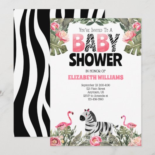 Zebra Flamingos Pink Black Baby shower Kaart (Voorkant / Achterkant)
