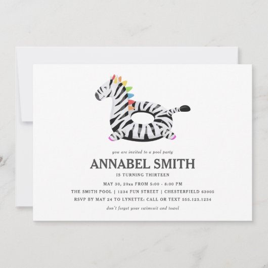 Zebra Float Birthday Pool Party Kaart (Voorkant)