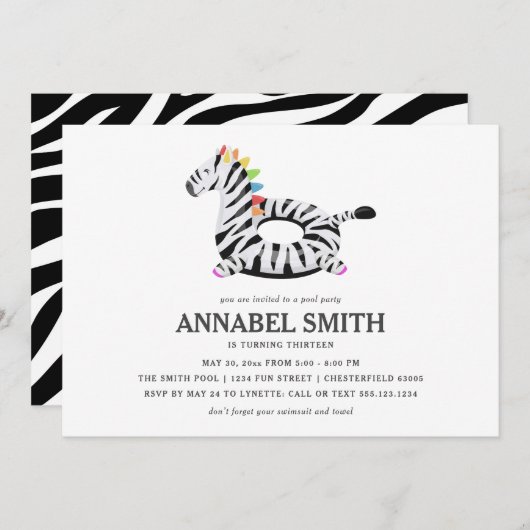 Zebra Float Birthday Pool Party Kaart (Voorkant / Achterkant)