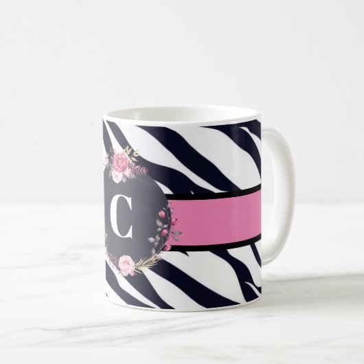 Zebra Floral Monogram Klassieke Mok (Voorkant rechts)