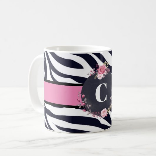 Zebra Floral Monogram Klassieke Mok (Voorkant links)