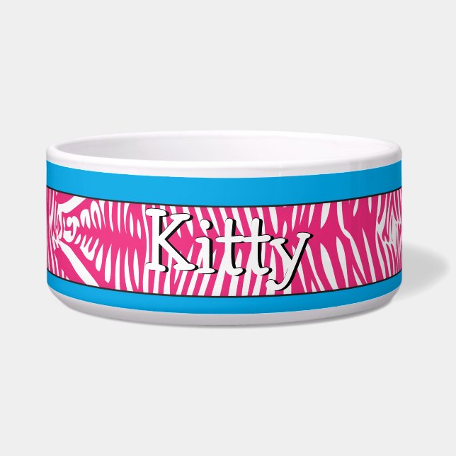 Zebra Gepersonaliseerde keukens Kat Bowl Aqua Trim Voerbakje (Voorkant)