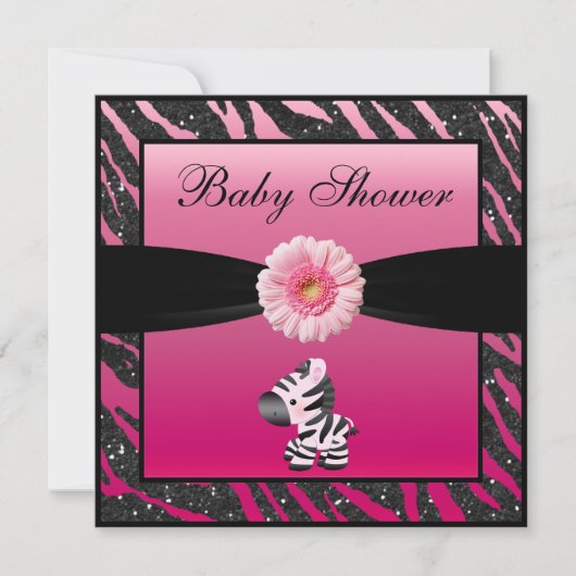 Zebra, Gerbera en Faux Glitter Baby shower Kaart (Voorkant)