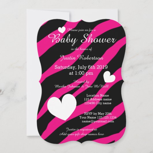 Zebra gestreepte babyshower uitnodigingen met hart (Voorkant)