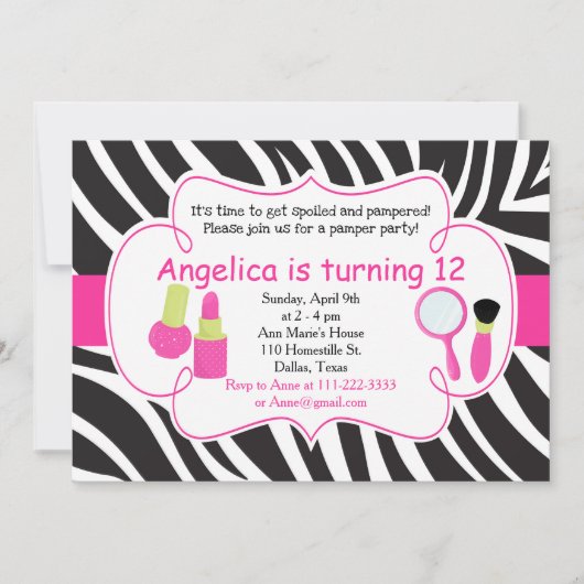 Zebra Gestreepte Verjaardag Pamper Party Sleepover Kaart (Voorkant)