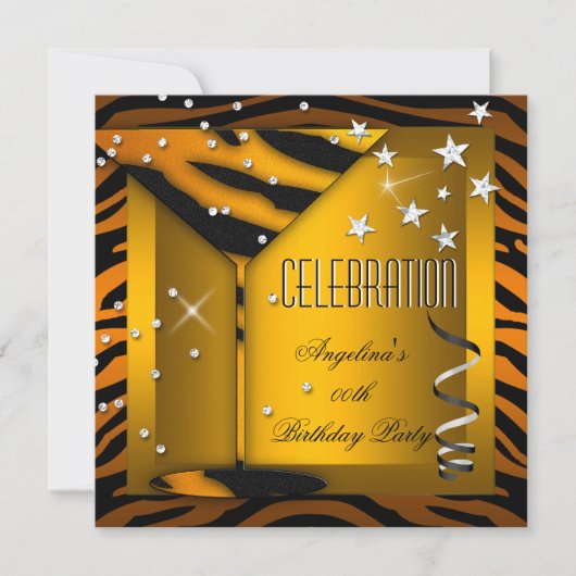 Zebra Glas Oranje Goud Verjaardagsfeest Kaart (Voorkant)