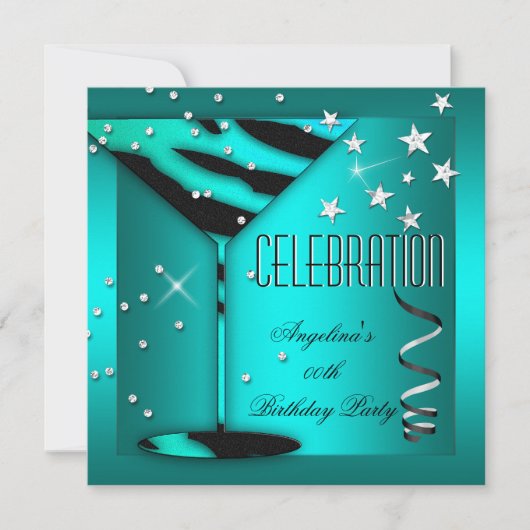 Zebra Glas Teal Blau Feest Verjaardagsfeest Kaart (Voorkant)
