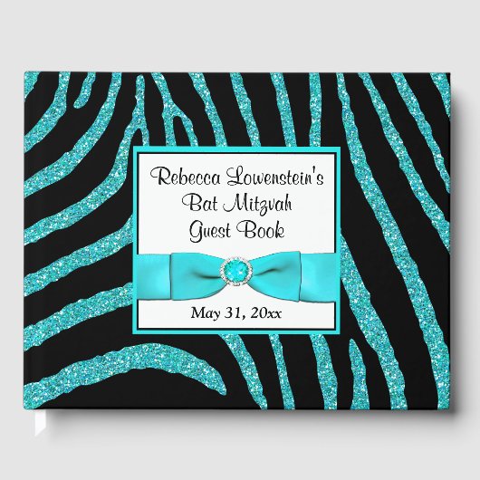 Zebra Glitter Bat Mitzvah Guestbook Gastenboek (Voorkant)