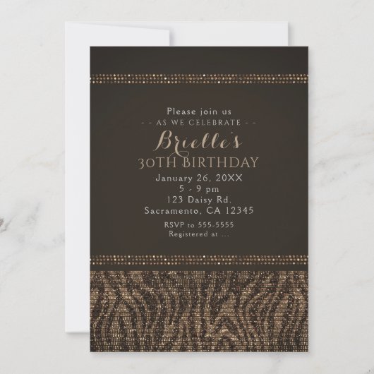 Zebra Glitter Bruin Goud Glam Feest Uitnodigingen (Voorkant)