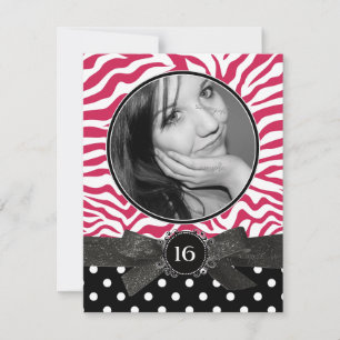 Zebra Glitter en Polkadots Foto Sweet 16 Roze Kaart