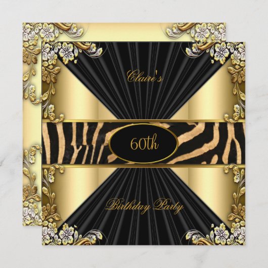 Zebra Gold Cream Leopard Black Birthday Party Kaart (Voorkant / Achterkant)