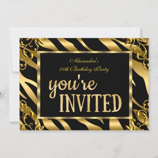 Zebra Gold Foil Black Elegant Birthday Party Kaart (Voorkant)