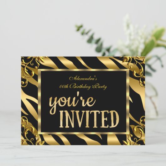 Zebra Gold Foil Black Elegant Birthday Party Kaart (Staand voorkant)
