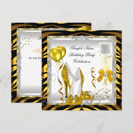 Zebra Gold Glitter Heels Yellow Birthday Party Kaart (Voorkant / Achterkant)