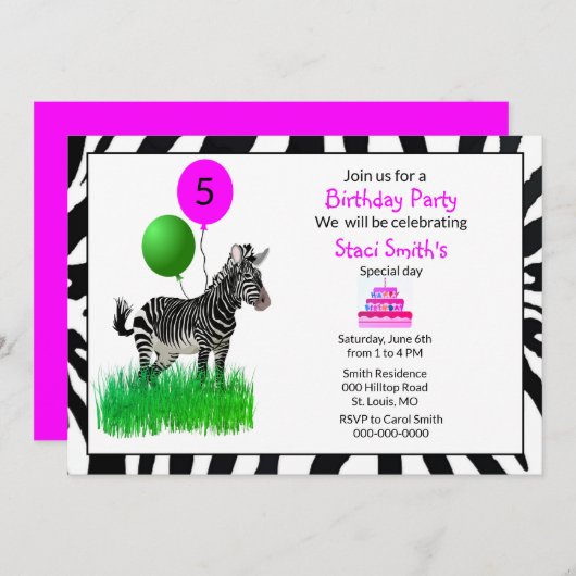 Zebra Happy Birthday-uitnodiging voor modern meisj Kaart (Voorkant / Achterkant)