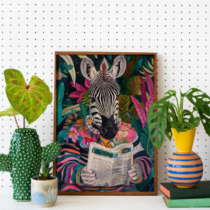Zebra Het lezen van een boek Maximalist Animal Art Poster