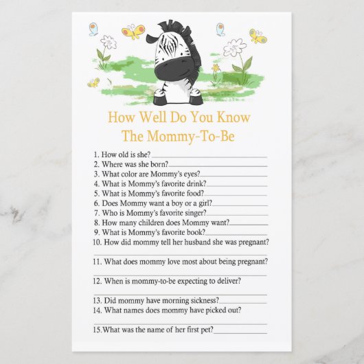 Zebra Hoe goed ken je baby shower? (Voorkant)