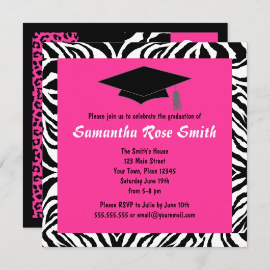 Zebra — Hot Pink Afstuderen afdrukken — Aangepast Kaart (Voorkant / Achterkant)