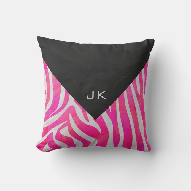 Zebra Hot Pink en White met Monogram Kussen (Voorkant)