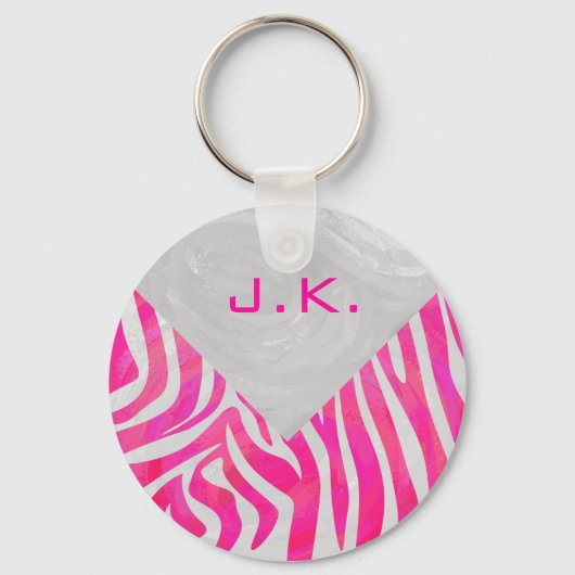 Zebra Hot Pink en White met Monogram Sleutelhanger (Voorkant)