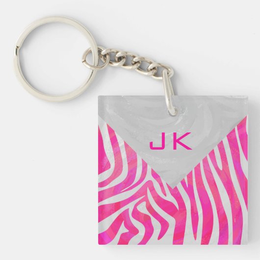 Zebra Hot Pink en White met Monogram Sleutelhanger (Voorkant)