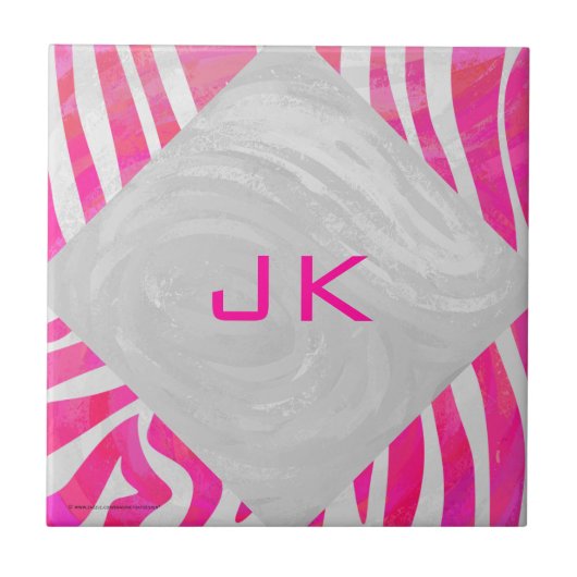 Zebra Hot Pink en White met Monogram Tegeltje (Voorkant)