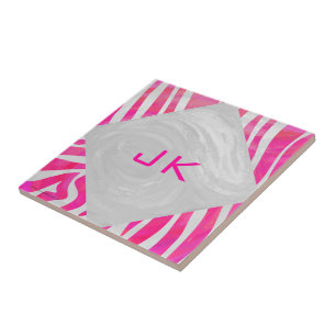 Zebra Hot Pink en White met Monogram Tegeltje