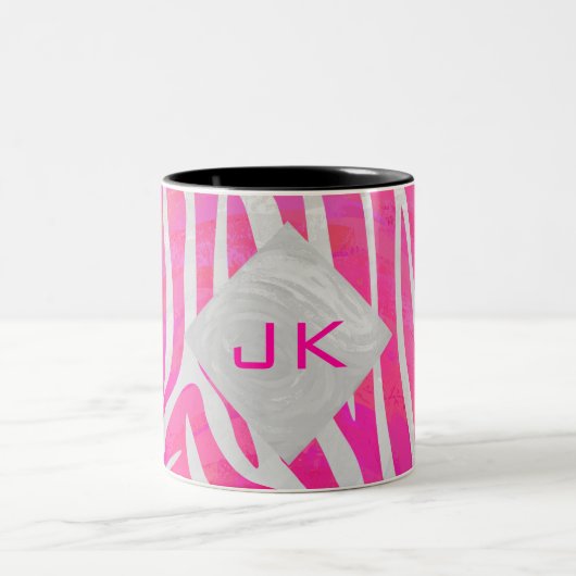Zebra Hot Pink en White met Monogram Tweekleurige Koffiemok (Center)