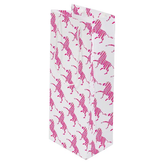 Zebra Hot Pink en White Silhouette Wijn Cadeautas (Voorkant Gekanteld)