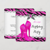 Zebra Hot Pink Glamor High Heels Birthday Party Kaart (Voorkant / Achterkant)