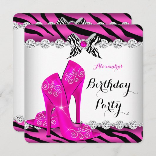 Zebra Hot Pink Glamor High Heels Birthday Party Kaart (Voorkant / Achterkant)