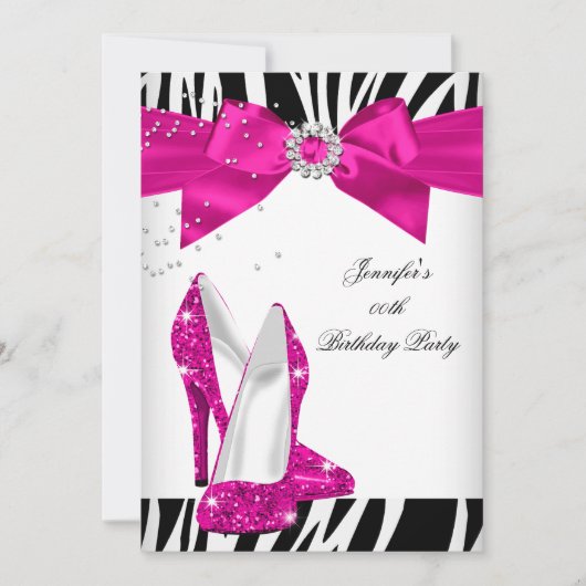 Zebra Hot Pink High Hiel Shoe Black Birthday Bow Kaart (Voorkant)
