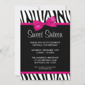 Zebra Hot Pink Printed Bow Sweet 16 Birthday Party Kaart (Voorkant)