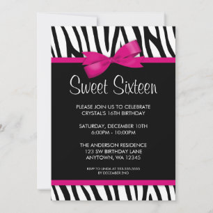Zebra Hot Pink Printed Bow Sweet 16 Birthday Party Kaart