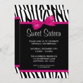 Zebra Hot Pink Printed Bow Sweet 16 Birthday Party Kaart (Voorkant / Achterkant)
