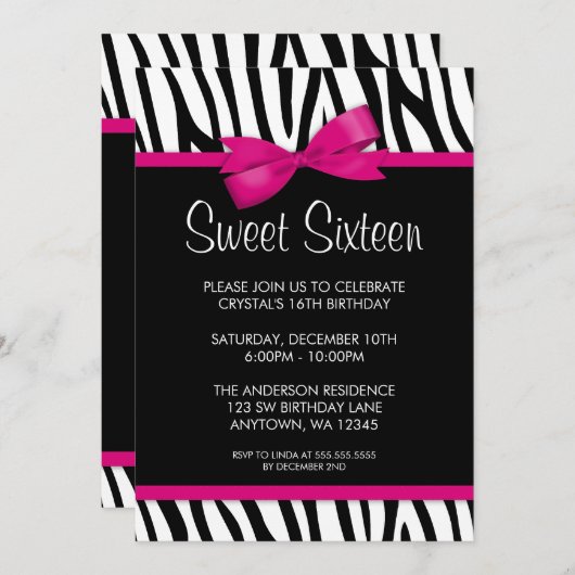 Zebra Hot Pink Printed Bow Sweet 16 Birthday Party Kaart (Voorkant / Achterkant)