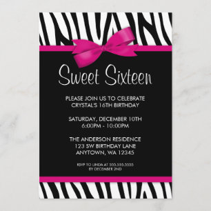 Zebra Hot Pink Printed Bow Sweet 16 Birthday Party Kaart