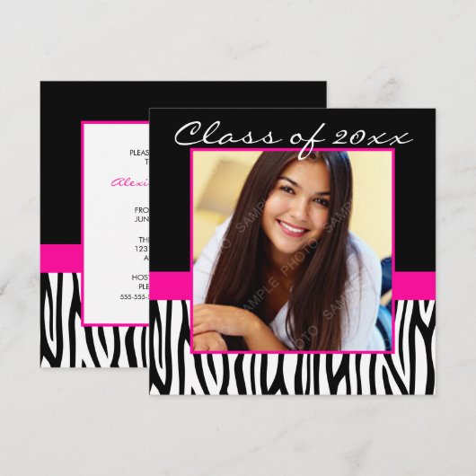 Zebra Hot-roze foto-Afstuderen Kaart (Voorkant / Achterkant)
