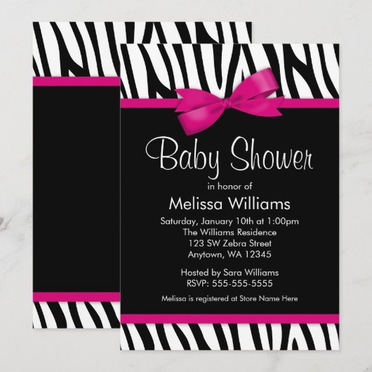 Zebra Hot-roze gedrukte Baby shower Kaart (Voorkant / Achterkant)