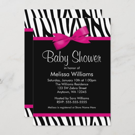 Zebra Hot-roze gedrukte Baby shower Kaart (Voorkant / Achterkant)
