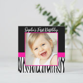 Zebra Hot roze meisjes foto 1e verjaardagsfeestje Kaart (Staand voorkant)