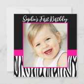 Zebra Hot roze meisjes foto 1e verjaardagsfeestje Kaart (Voorkant)