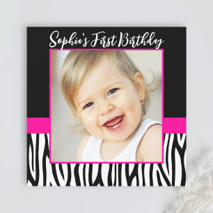 Zebra Hot roze meisjes foto 1e verjaardagsfeestje Kaart