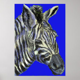 zebra in blauw - poster