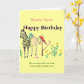 Zebra in de salon, grappige verjaardag, voor haar. kaart (Gele Bloem)