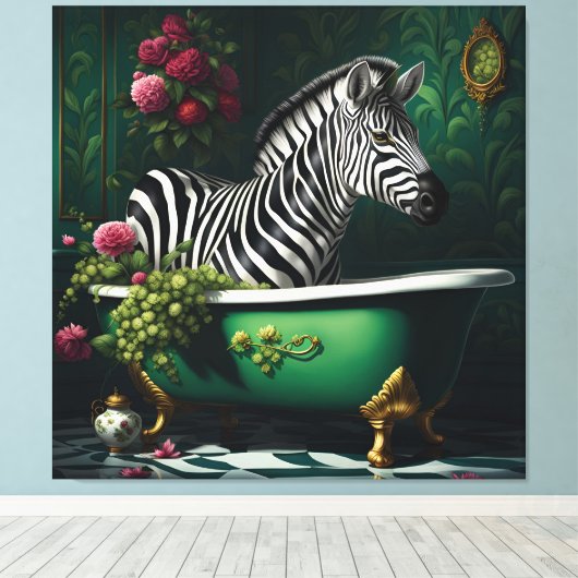 Zebra in een bad canvas afdruk (Insitu (Houten vloer))