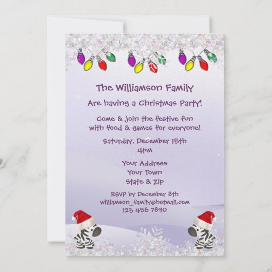 Zebra in Santa Hat, Sneeuwen en kerstlichten uitno Kaart (Achterkant)